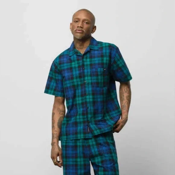 Vans 💯% cotton Anaheim Woven loose Fit Button Up Black/ Blue Size M, Size L - Picture 8 of 10